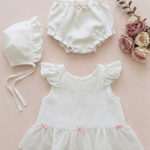 ​Conjunto artesanal de lino y plumeti con lazos en rosa