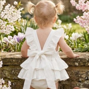 romper de lino lavado blanco con volantes y lazos hecho a mano
