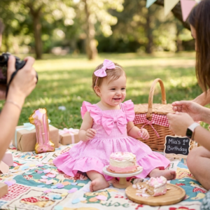 vestido artesanal vichy rosa para niña