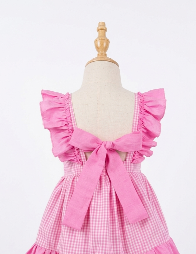 vestido artesanal vichy rosa para niña