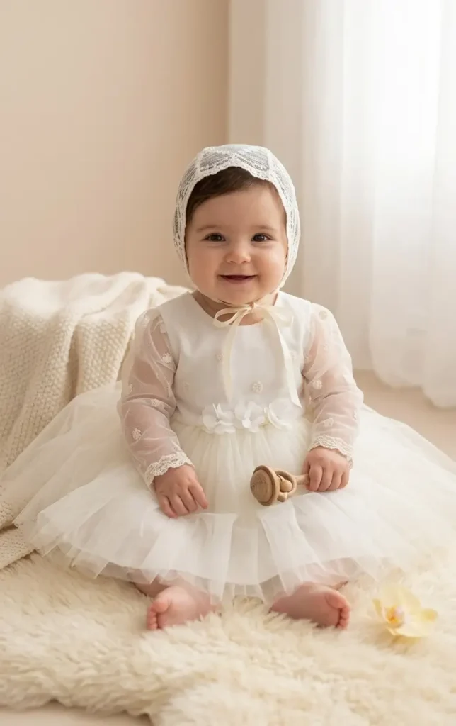 Niña bebé usando vestido manga larga de bautizo