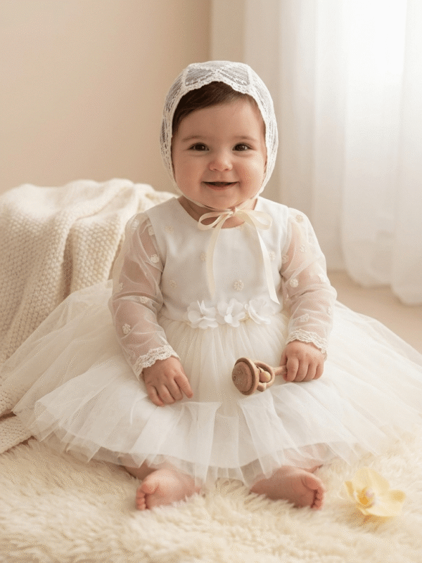 Vestido Bautizo niña en color marfil con capota de tul bordado y lazo grande.