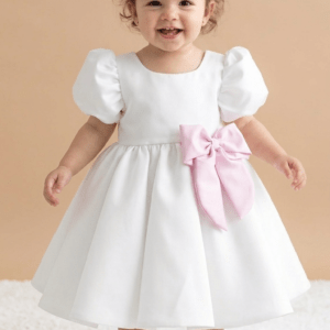 Vestido de Bautizo Blanco con Lazo Rosa para Niña