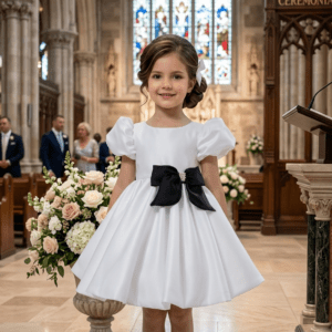 Vestido de Gala para Niña Blanco con Moño Negro Elegante