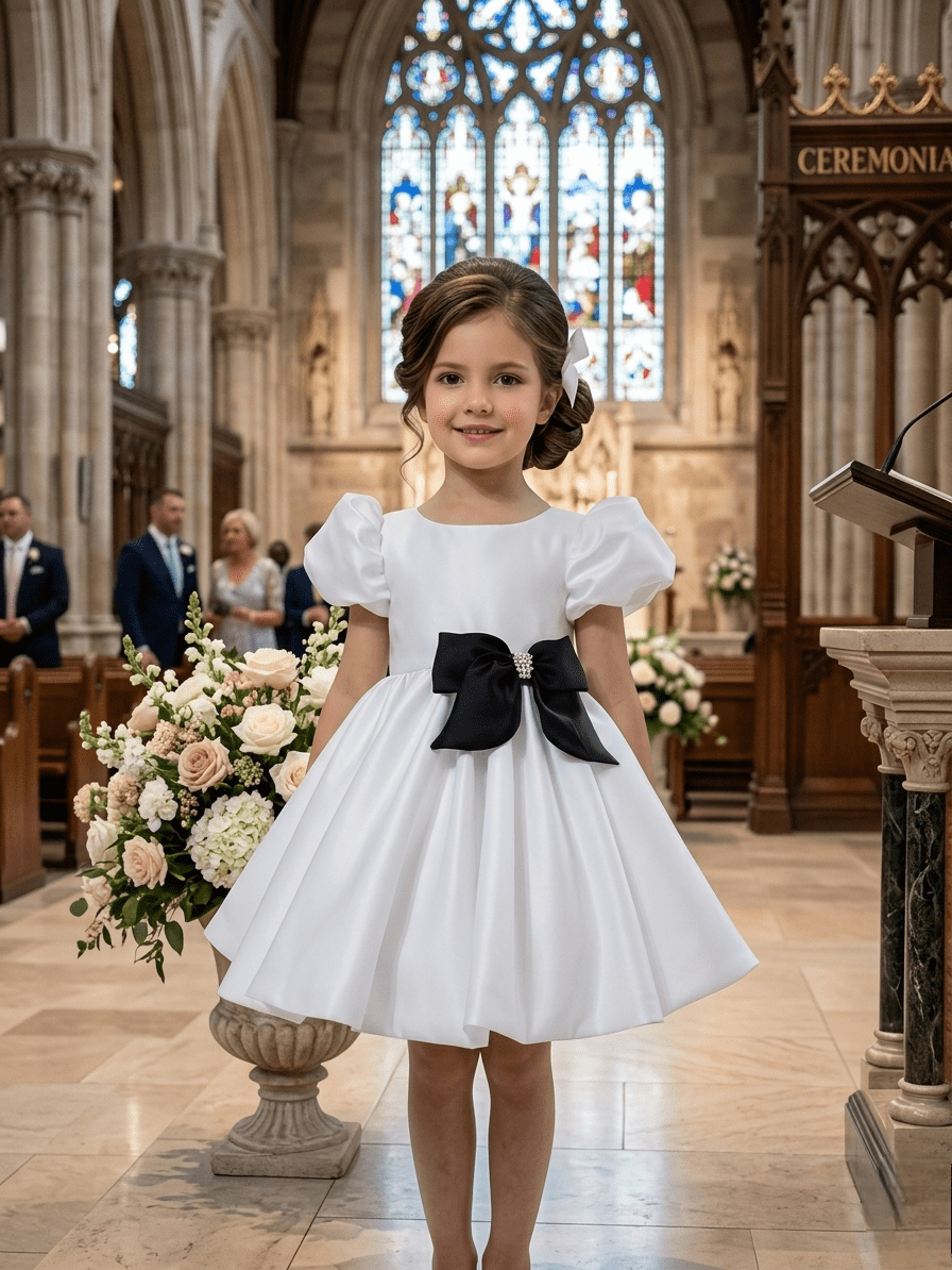 Vestido de Gala para Niña Blanco con Moño Negro Elegante
