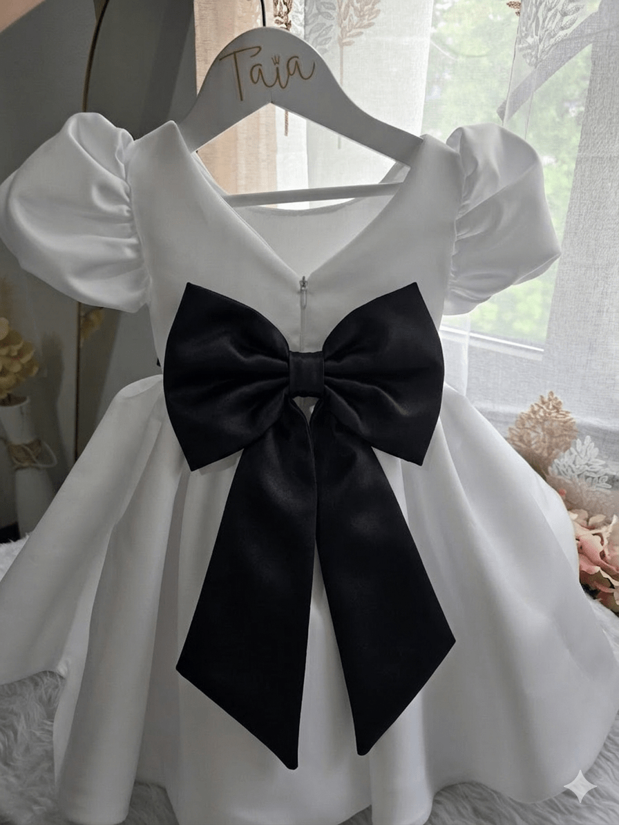 Vestido de Gala para Niña Blanco con Moño Negro Elegante - Imagen 2