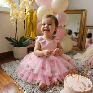 Vestido de Primer Cumpleaños Niña Mariposas 3D - Rosa Pastel Encantador