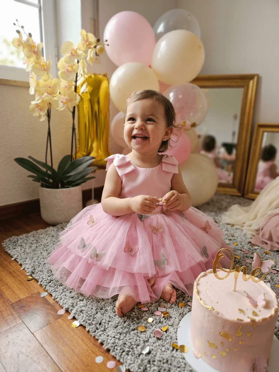 Vestido de Primer Cumpleaños Niña Mariposas 3D - Rosa Pastel Encantador