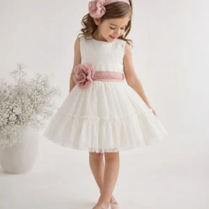 Vestido de Ceremonia plumeti con lazo rosa