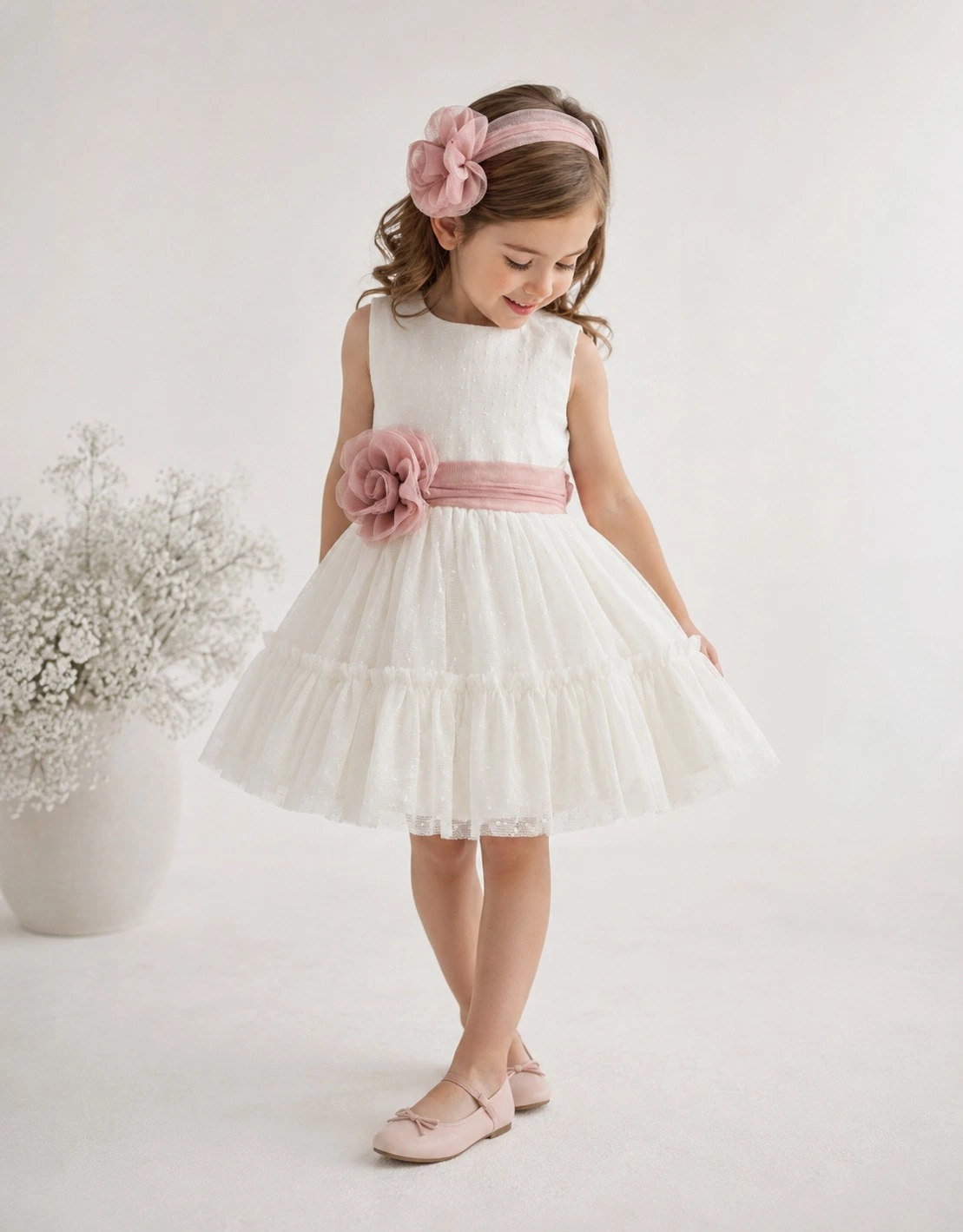 Vestido de Ceremonia plumeti con lazo rosa