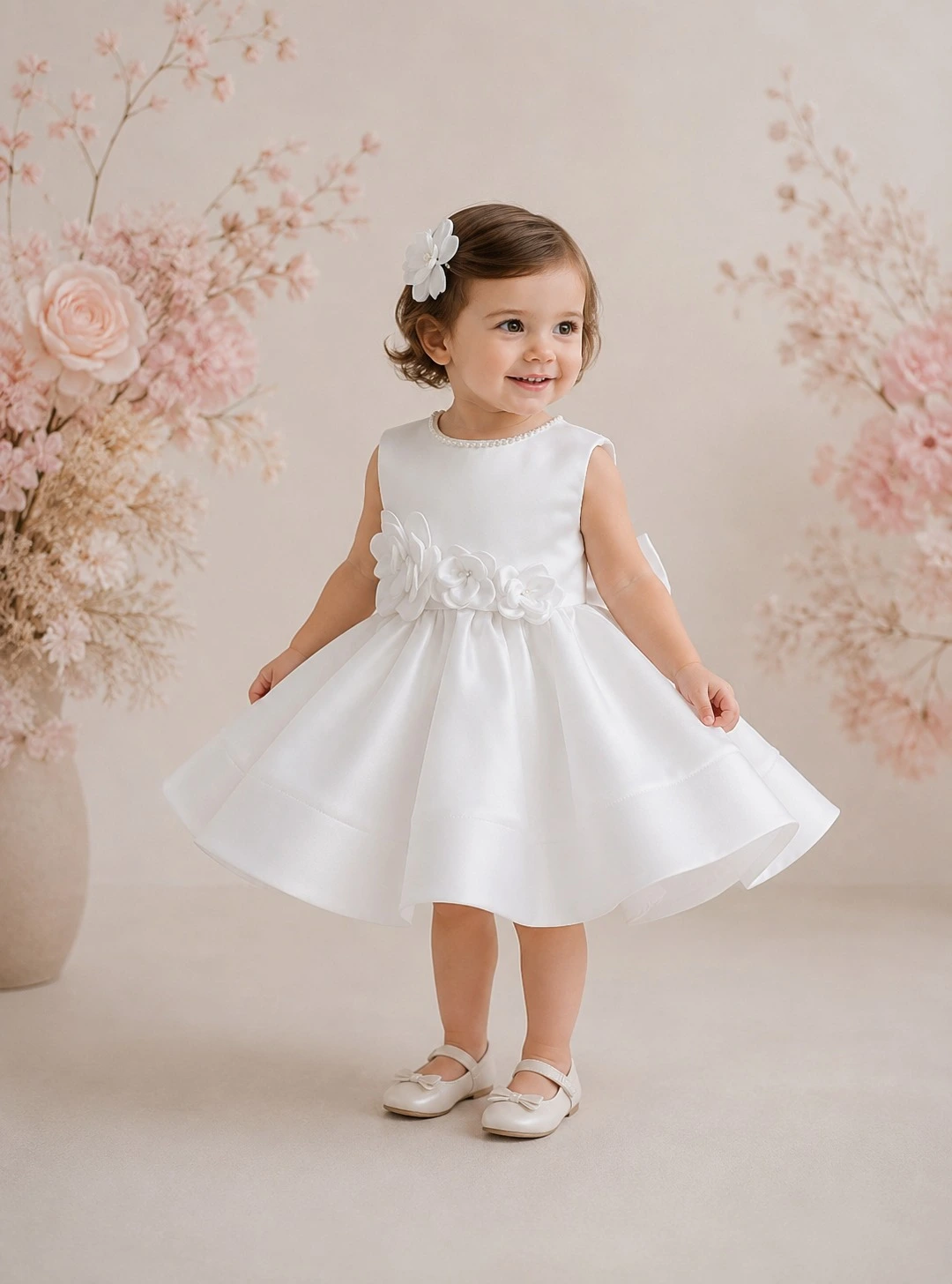 vestido blanco de niña con flores 3d