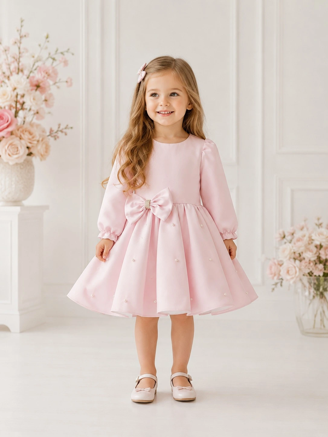 Vestido de Ceremonia Rosa Pastel Manga Larga