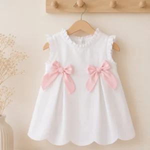 ​Vestido Infantil Blanco con Lazos Rosas y Bajo Festoneado