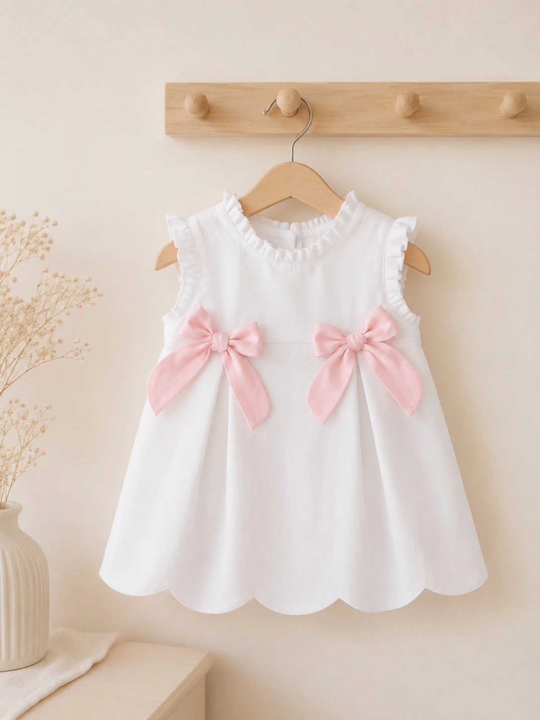 Vestido Infantil Blanco con Lazos Rosas y Bajo Festoneado