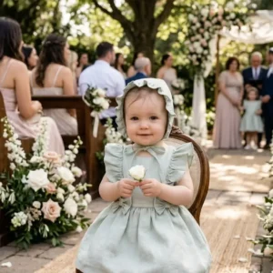 niña usando vestido de lino verde menta