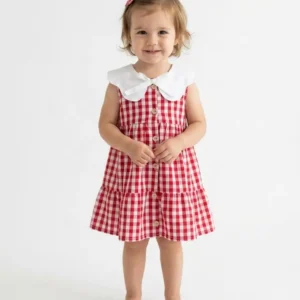 Vestido vichy rojo niña, vestido algodón orgánico, cuello bobo XL