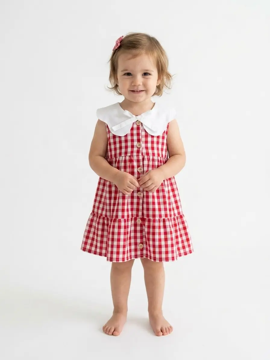 Vestido vichy rojo niña, vestido algodón orgánico, cuello bobo XL