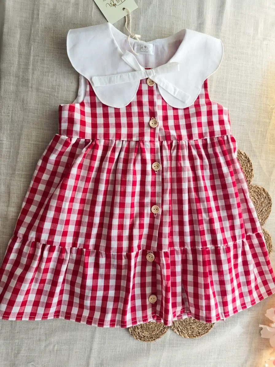 Vestido vichy rojo niña, vestido algodón orgánico, cuello bobo XL - Imagen 3