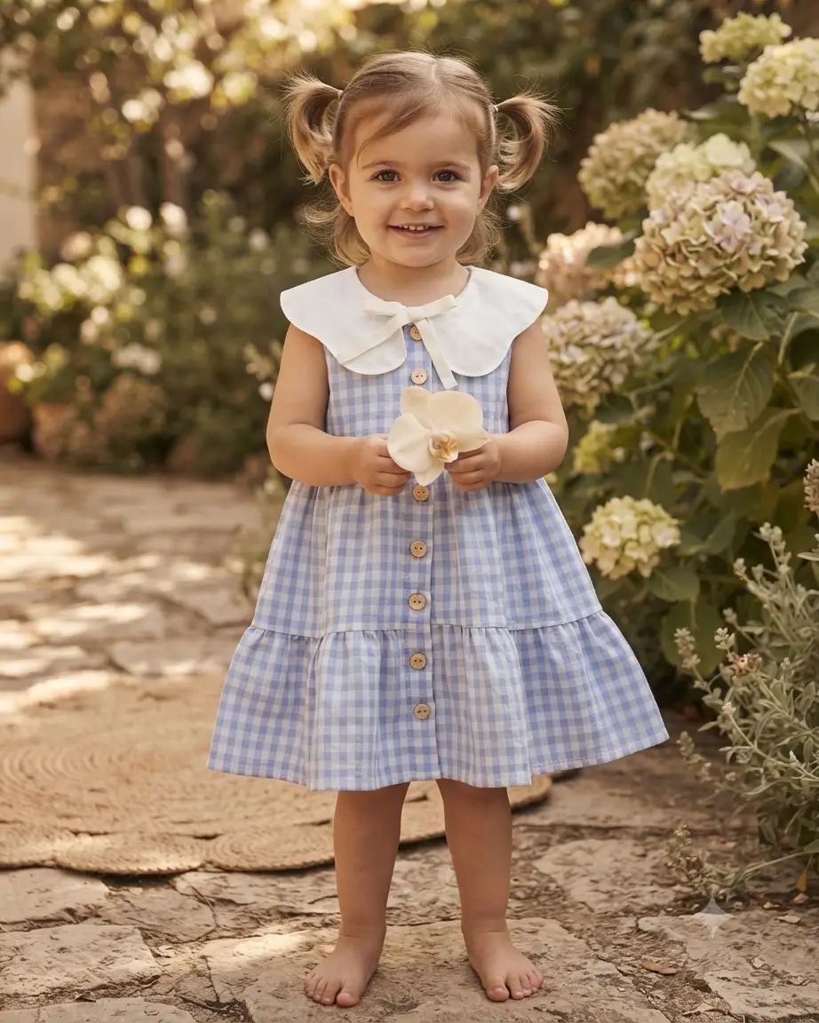 Vestido Niña de Cuadro Vichy Azul con Cuello XL