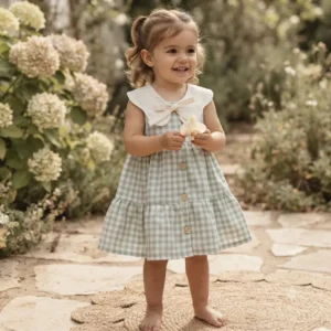 Vestido Infantil de Cuadro Vichy menta con Cuello XL y Botones Frontales